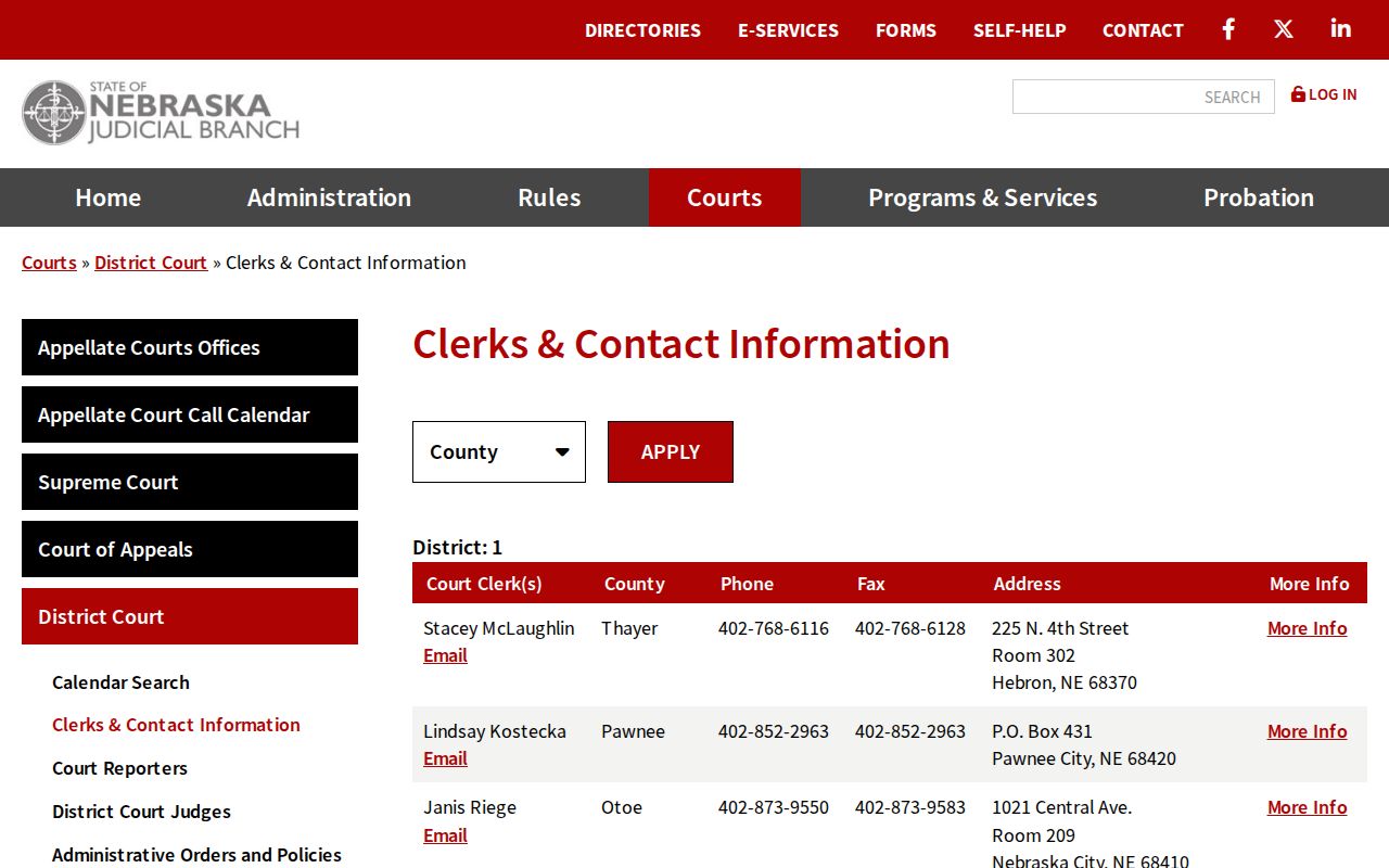 Dodge County docket search District Court clerk contacts