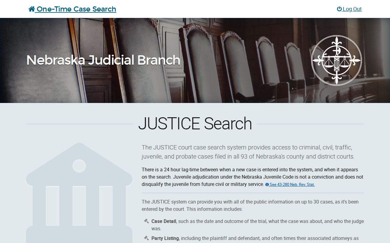 Dodge County docket search Nebraska JUSTICE one-time search screen