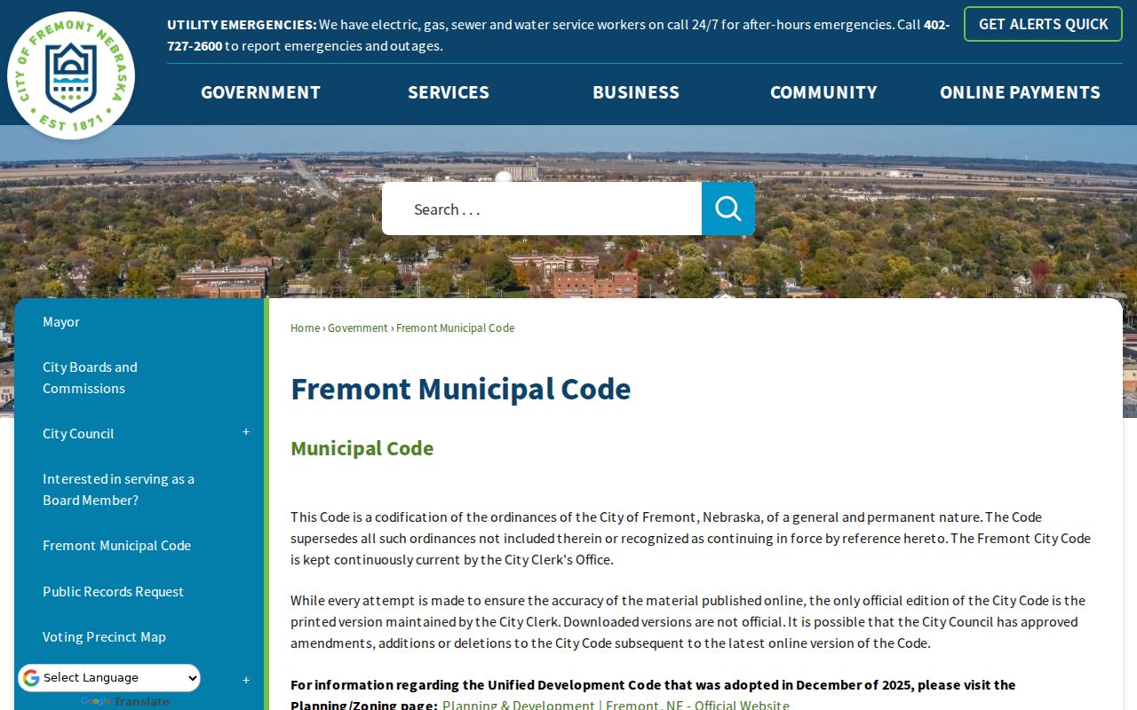 Fremont court records context showing the official Fremont municipal code page and city-code navigation