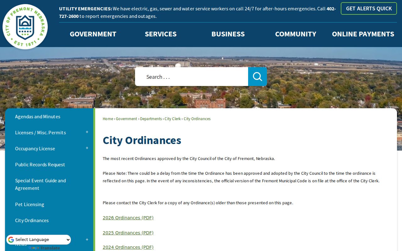 Fremont court records context showing the official Fremont city ordinances page