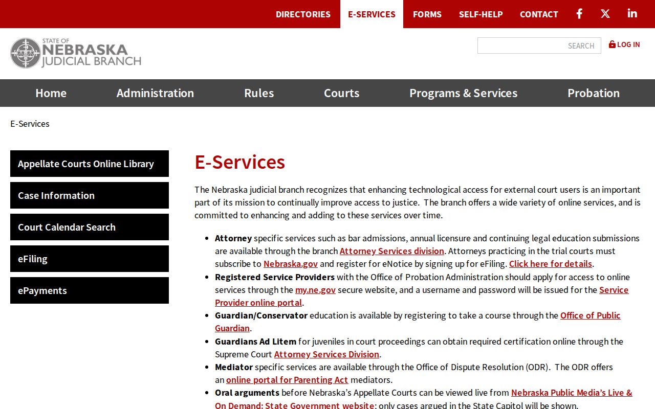 Hooper court records context showing Nebraska Judicial Branch electronic court services overview