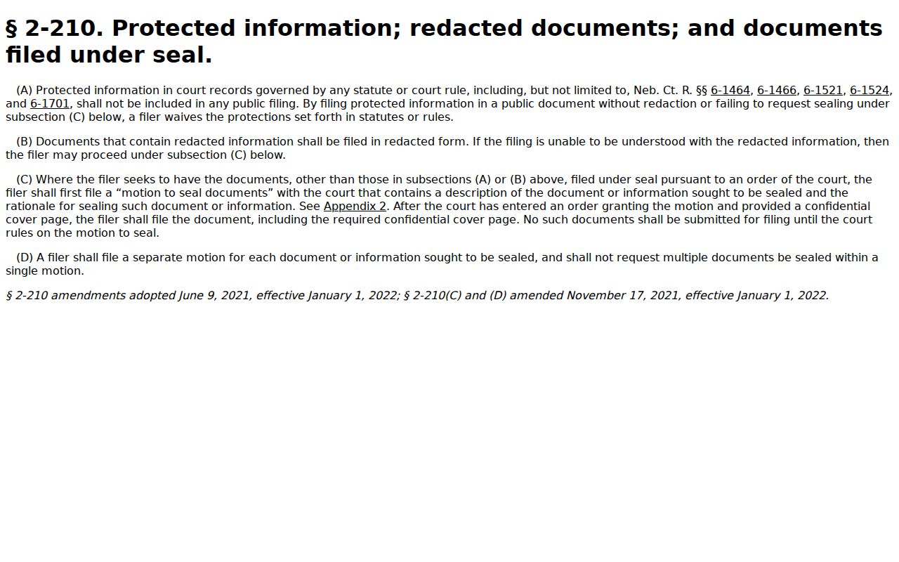 Hooper court records context showing Nebraska protected-information and redaction rule