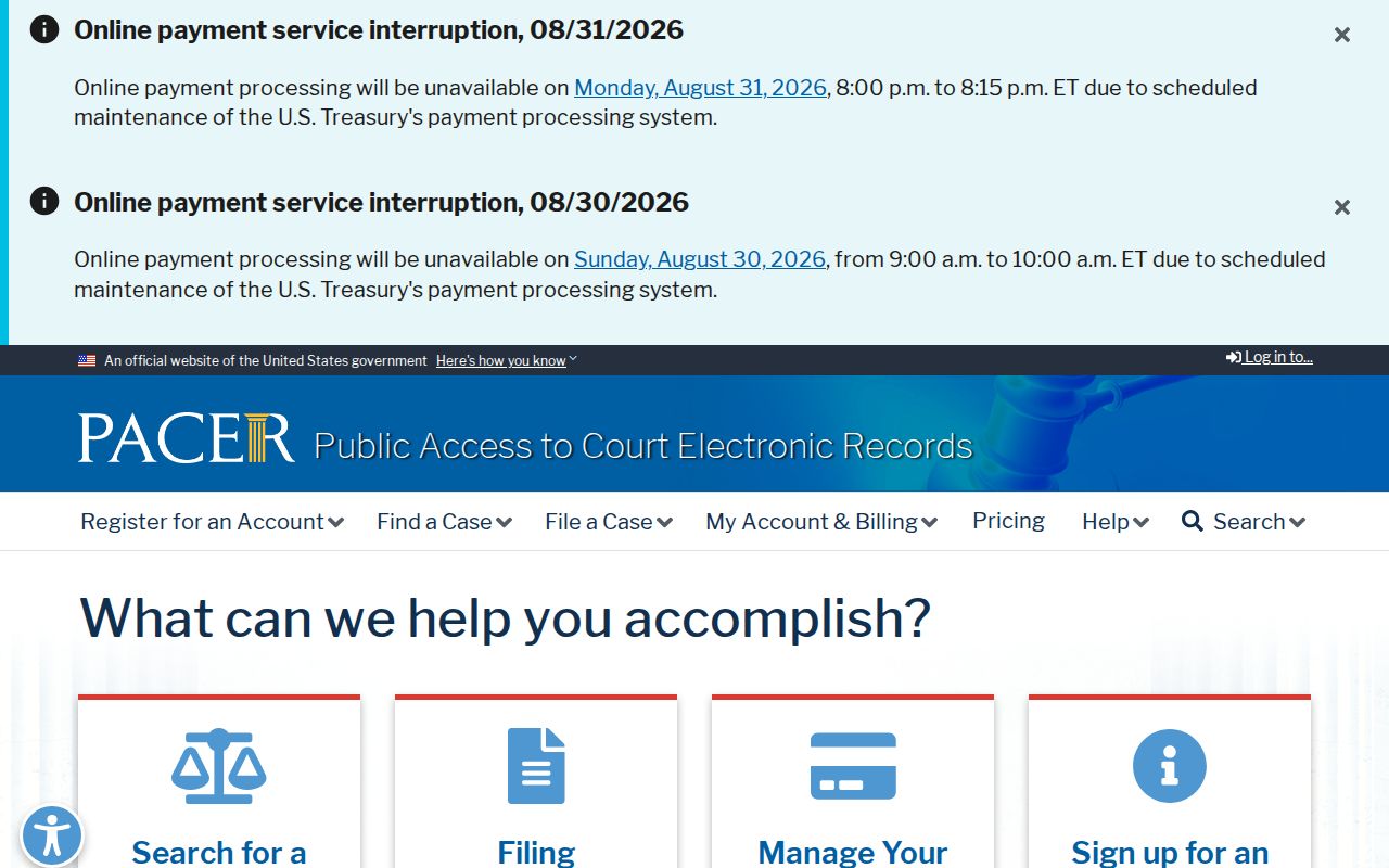 Scribner court records context showing the official PACER federal case locator