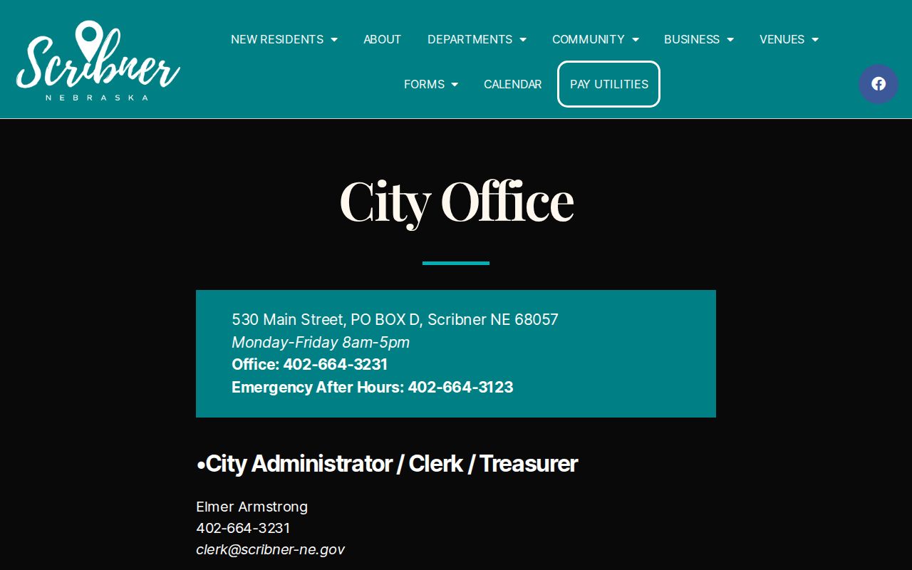 Scribner court records context showing the official Scribner City Office contact and hours page